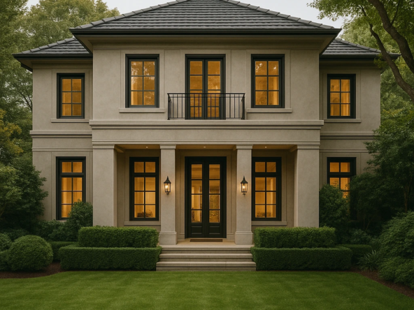 High-quality, sophisticated image depicting a luxury Australian home with manicured landscaping, representing real estate trends as analysed by Rodney McLoughlin.