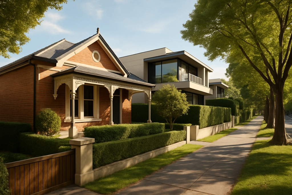 High-quality, sophisticated image of a sunlit suburban Australian street featuring a heritage-style brick home beside a modern residence, illustrating housing diversity—reflecting current real estate trends and insights from Rodney McLoughlin