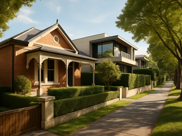 High-quality, sophisticated image of a sunlit suburban Australian street featuring a heritage-style brick home beside a modern residence, illustrating housing diversity—reflecting current real estate trends and insights from Rodney McLoughlin
