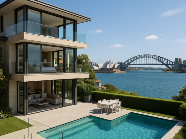 High-quality, sophisticated image depicting a luxury Australian home in an upscale suburb, relevant to real estate market trends