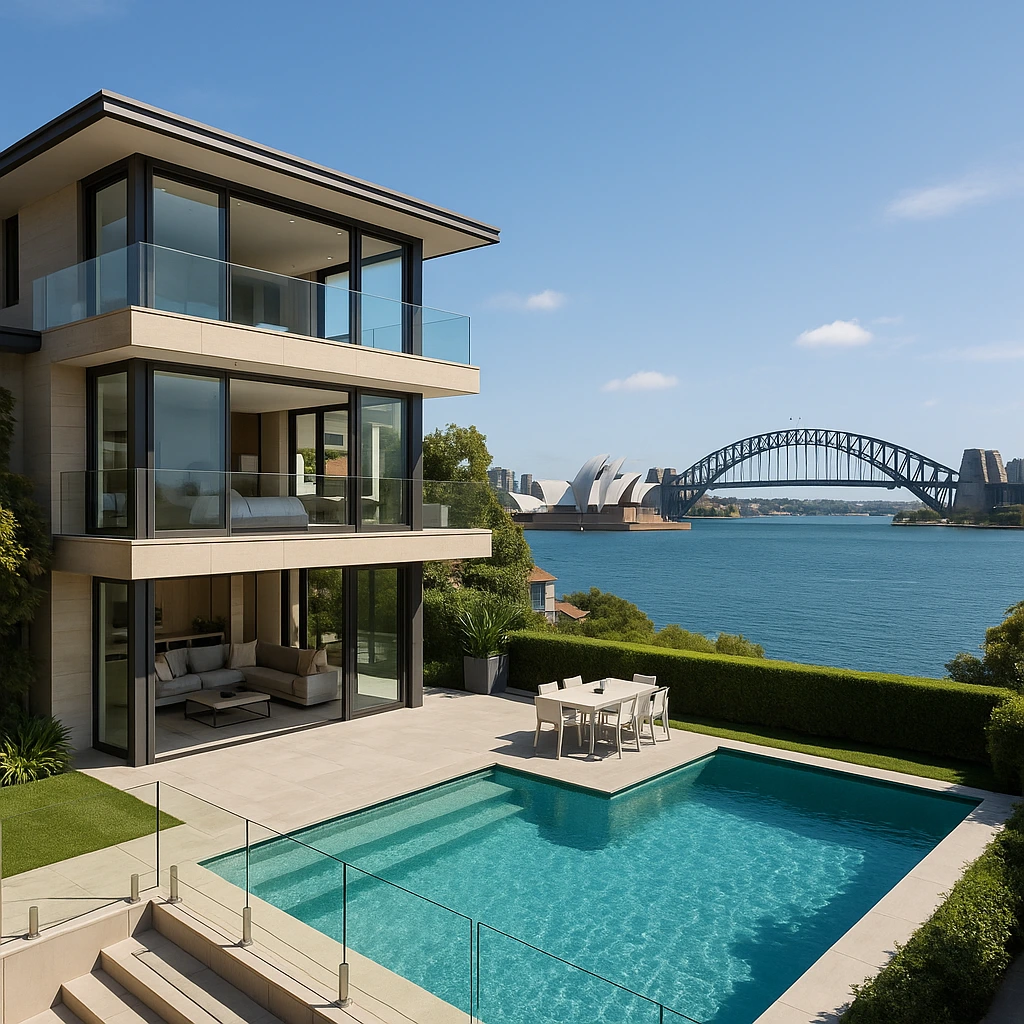 High-quality, sophisticated image depicting a luxury Australian home in an upscale suburb, relevant to real estate market trends