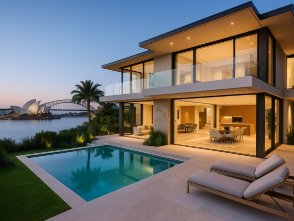 High-quality, sophisticated image of a luxurious Australian home at golden hour, reflecting real estate opportunities amid falling inflation.
