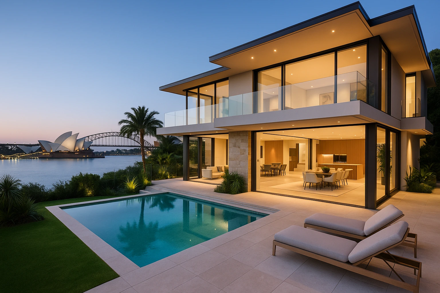 High-quality, sophisticated image of a luxurious Australian home at golden hour, reflecting real estate opportunities amid falling inflation.