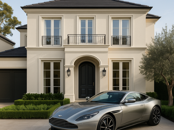 High-end Australian property featuring a luxurious two-story home with a silver Aston Martin parked in the driveway, framed by manicured gardens and elegant architecture.