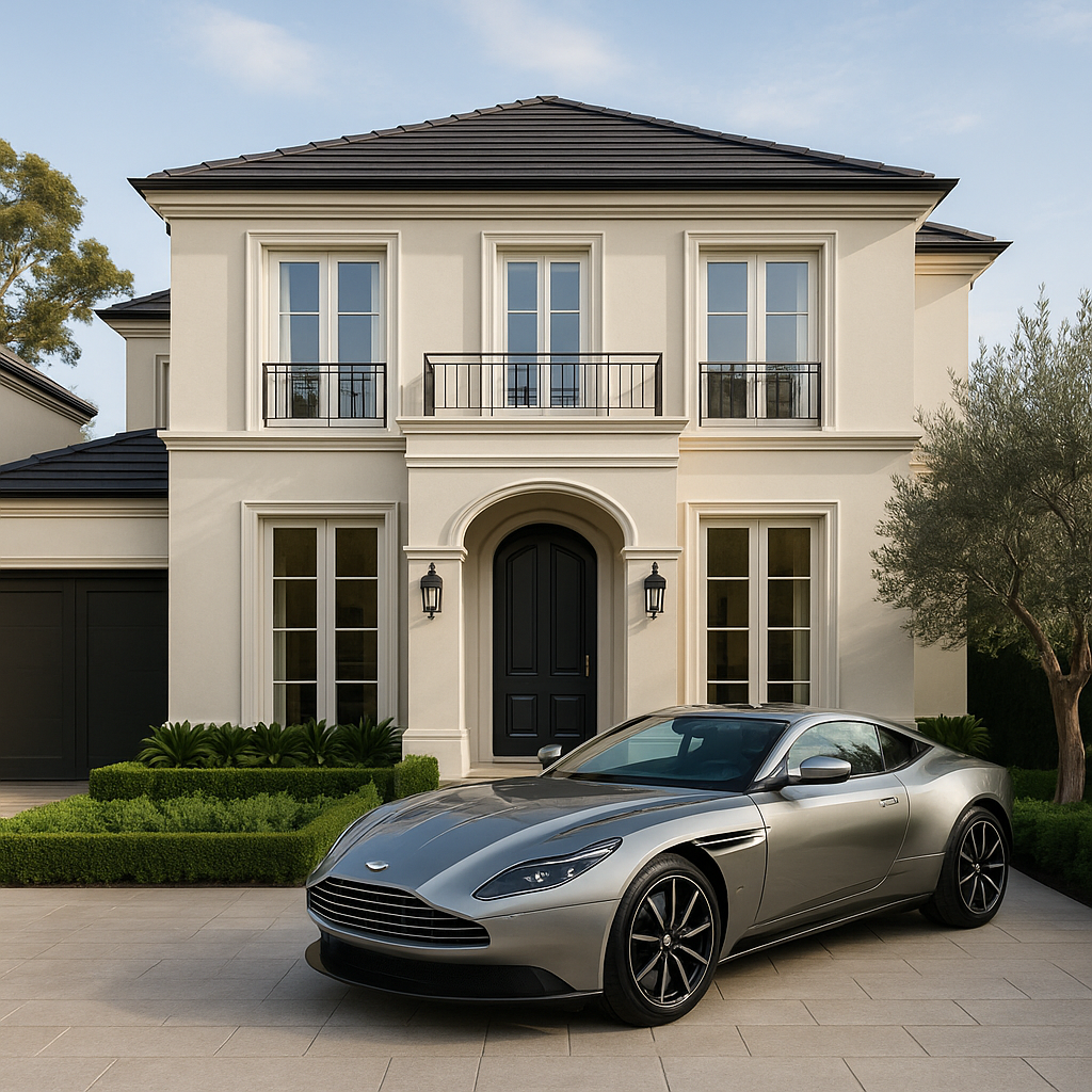 High-end Australian property featuring a luxurious two-story home with a silver Aston Martin parked in the driveway, framed by manicured gardens and elegant architecture.