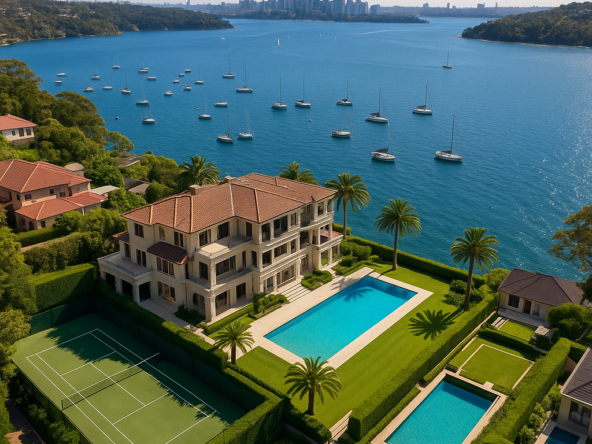 High-quality aerial view of a luxury Sydney harbourfront property with tennis court and pool, reflecting Australia’s spring property market trends.
