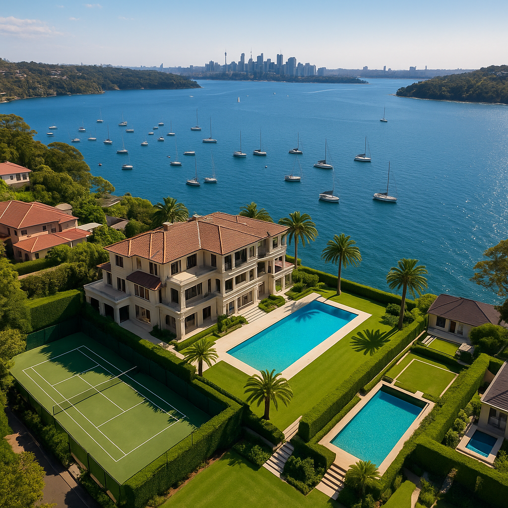 High-quality aerial view of a luxury Sydney harbourfront property with tennis court and pool, reflecting Australia’s spring property market trends.