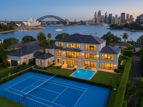 Aerial view of a luxury Sydney coastal property with ocean views and modern architecture, reflecting high-end spring real estate trends.