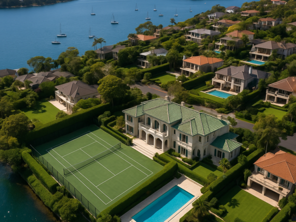 High-quality, sophisticated image depicting competitive Sydney property auctions and luxury homes, relevant to Australian real estate insights.