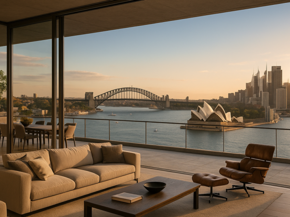 High-quality, sophisticated image depicting a luxury penthouse overlooking Sydney Harbour, reflecting insights into Western Sydney’s hot property market.