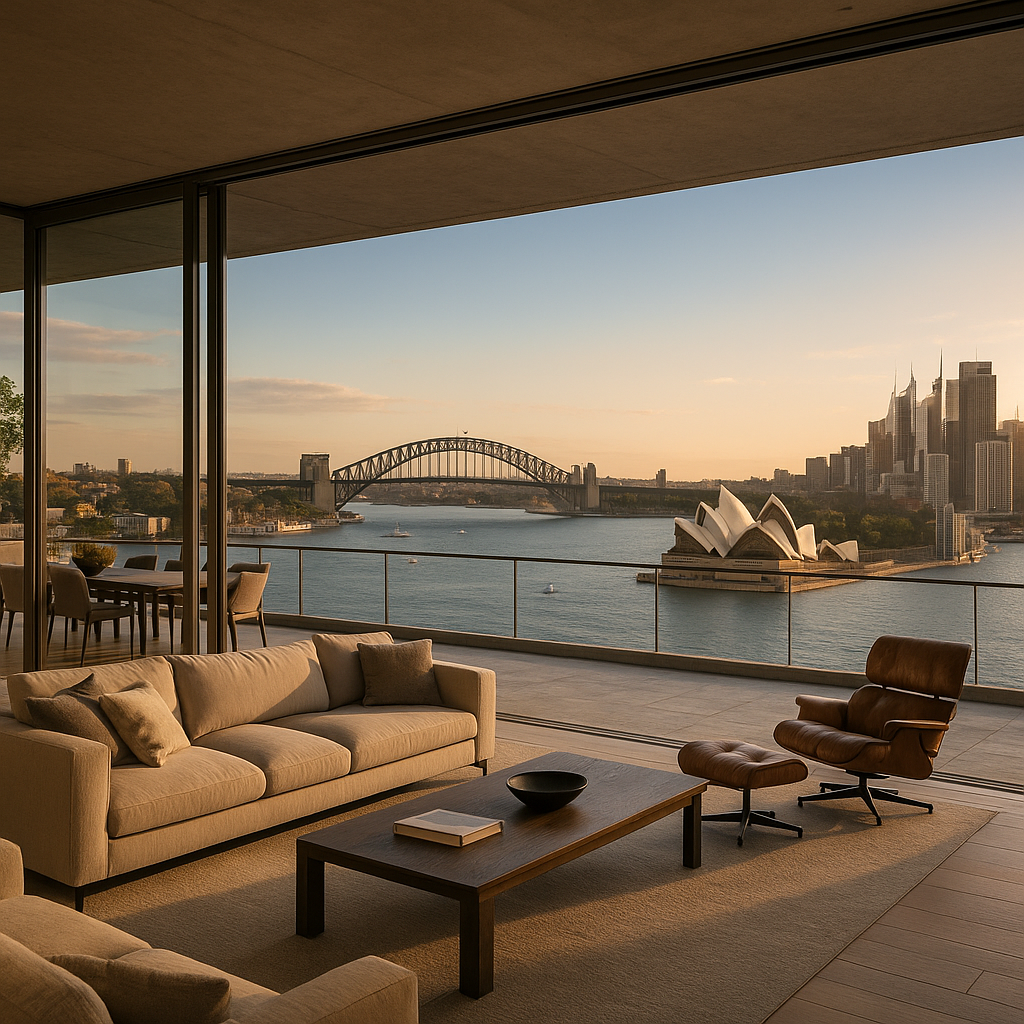 High-quality, sophisticated image depicting a luxury penthouse overlooking Sydney Harbour, reflecting insights into Western Sydney’s hot property market.