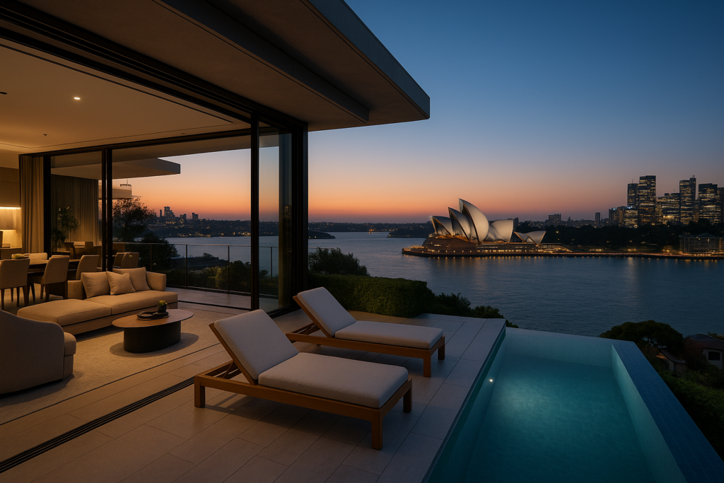 luxury Sydney waterfront penthouse at dusk, overlooking the Opera House and Harbour, representing elite Australian real estate trends.