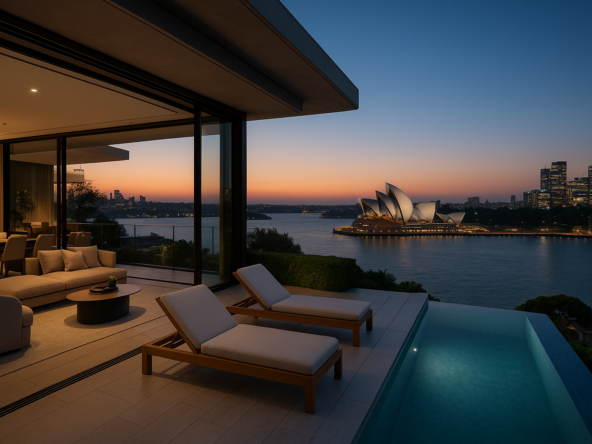 luxury Sydney waterfront penthouse at dusk, overlooking the Opera House and Harbour, representing elite Australian real estate trends.