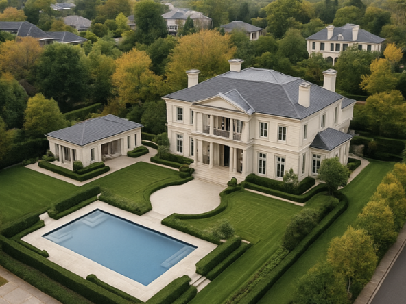 Aerial view of a luxurious Sydney estate with manicured gardens and expansive architecture, representing high-end Australian real estate trends.
