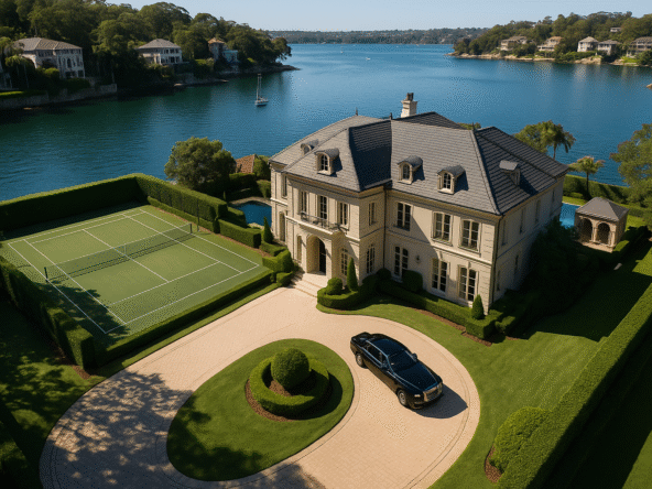 Aerial view of a luxury waterfront Sydney estate with tennis court, pool, and Rolls-Royce in the driveway — symbolising high-end property demand.