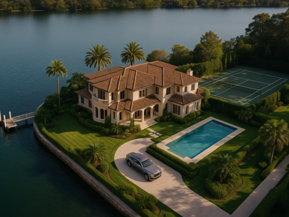 High-resolution aerial image of a luxury waterfront Sydney estate featuring a tennis court, pool, and Rolls-Royce in the driveway.