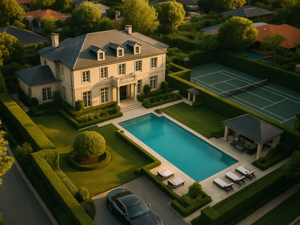 Aerial view of a luxury Sydney waterfront estate with a tennis court, pool, and Maserati in the driveway — no text visible, captured during golden hour. rodney mcloughlin