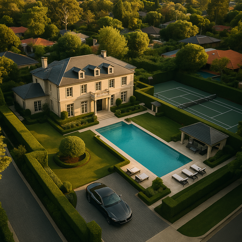 Aerial view of a luxury Sydney waterfront estate with a tennis court, pool, and Maserati in the driveway — no text visible, captured during golden hour. rodney mcloughlin