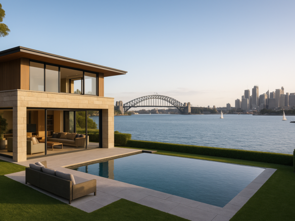 sophisticated image depicting a luxury Sydney waterfront home with expansive harbour views, relevant to Australian real estate insights. rodney mcloughlin
