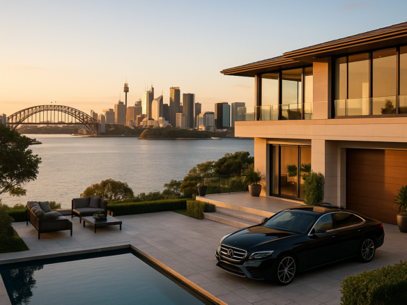 High-quality, sophisticated image depicting a luxury Australian waterfront home with city skyline views, reflecting premium real estate market trends. rodney mcloughlin