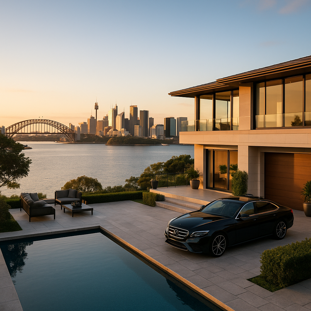 High-quality, sophisticated image depicting a luxury Australian waterfront home with city skyline views, reflecting premium real estate market trends. rodney mcloughlin