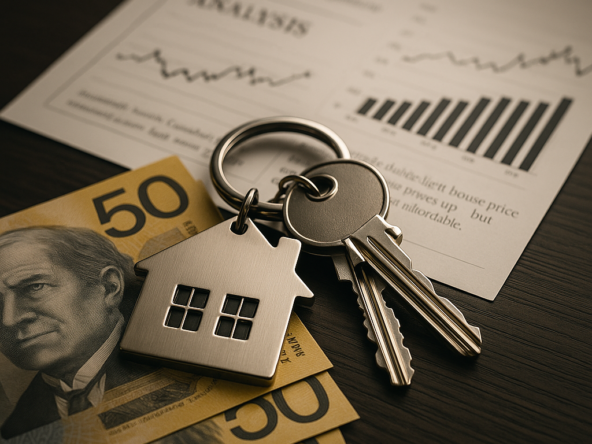 house-shaped keychain and keys resting on Australian $50 notes, with a background of real estate financial graphs — symbolising the intersection of property, finance, and market analysis. rodney mcloughlin