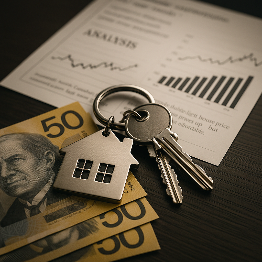 house-shaped keychain and keys resting on Australian $50 notes, with a background of real estate financial graphs — symbolising the intersection of property, finance, and market analysis. rodney mcloughlin