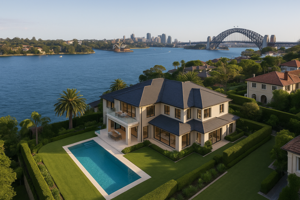 Aerial view of a high-end property near Sydney Harbour, reflecting current shifts in Australia’s auction and real estate market. rodney mcloughlin