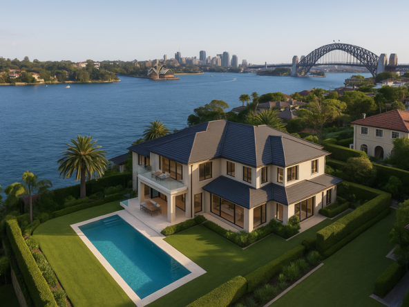 Aerial view of a high-end property near Sydney Harbour, reflecting current shifts in Australia’s auction and real estate market. rodney mcloughlin