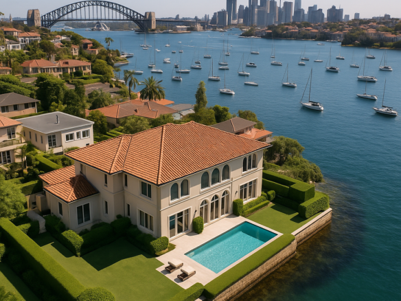 High-quality, sophisticated aerial image of a luxurious waterfront mansion overlooking Sydney Harbour, showcasing exclusivity in Australian real estate. rodney mcloughlin