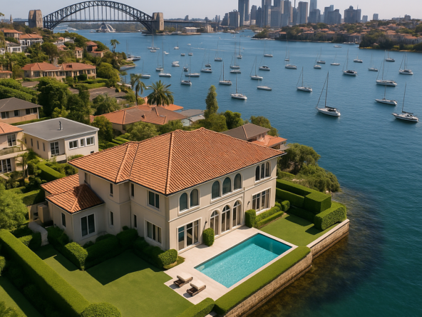 High-quality, sophisticated aerial image of a luxurious waterfront mansion overlooking Sydney Harbour, showcasing exclusivity in Australian real estate. rodney mcloughlin