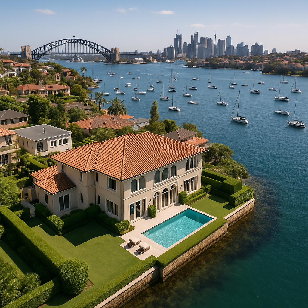 High-quality, sophisticated aerial image of a luxurious waterfront mansion overlooking Sydney Harbour, showcasing exclusivity in Australian real estate. rodney mcloughlin