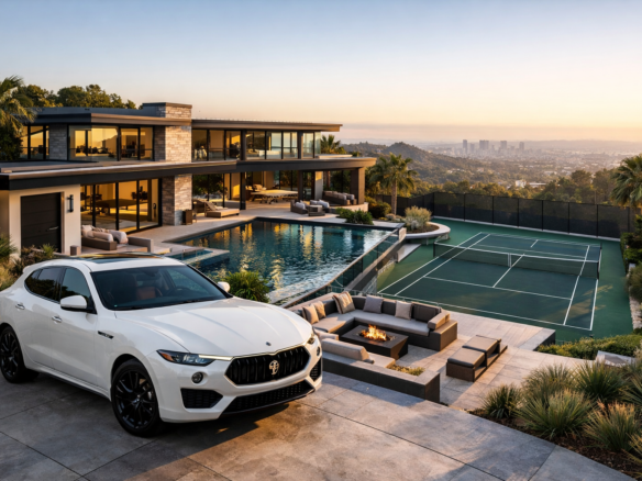 Luxury modern mansion with infinity pool, private tennis court, city views and white Maserati in driveway