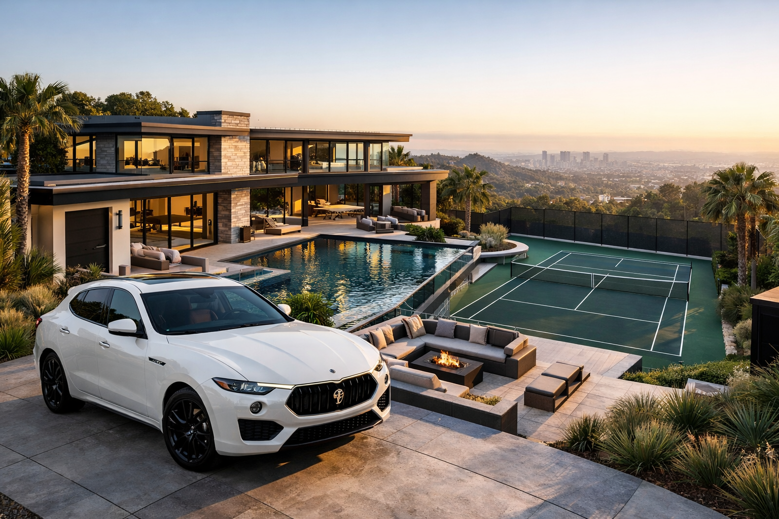 Luxury modern mansion with infinity pool, private tennis court, city views and white Maserati in driveway