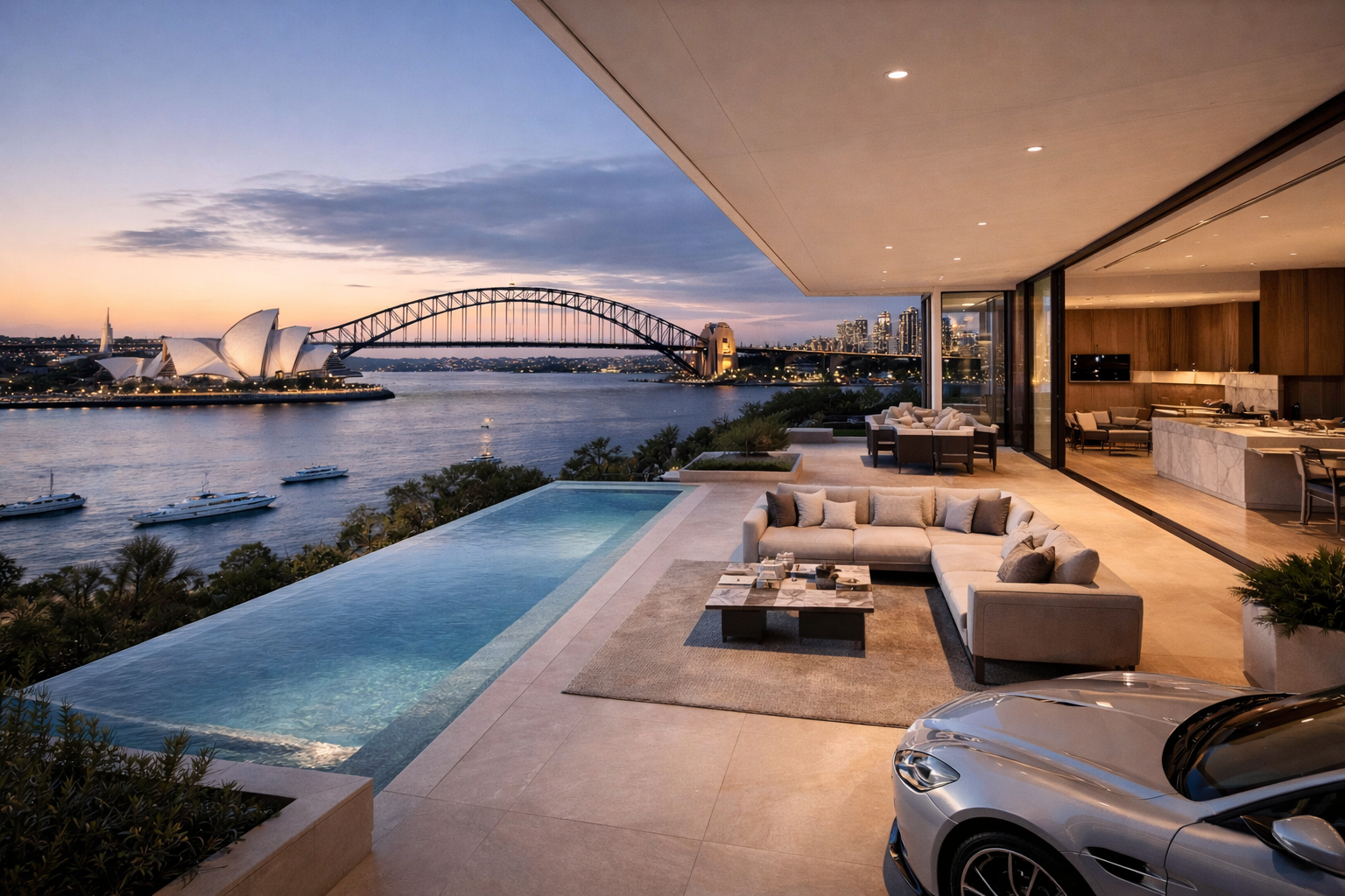 High-quality, sophisticated image depicting a luxury Sydney harbourfront penthouse with water views, reflecting Australia’s premium real estate market. rodney mcloughlin