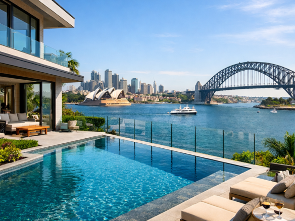 High-quality, sophisticated image depicting a luxury Sydney harbourfront home with expansive water views, modern architecture and premium finishes, representing Australian real estate insights.