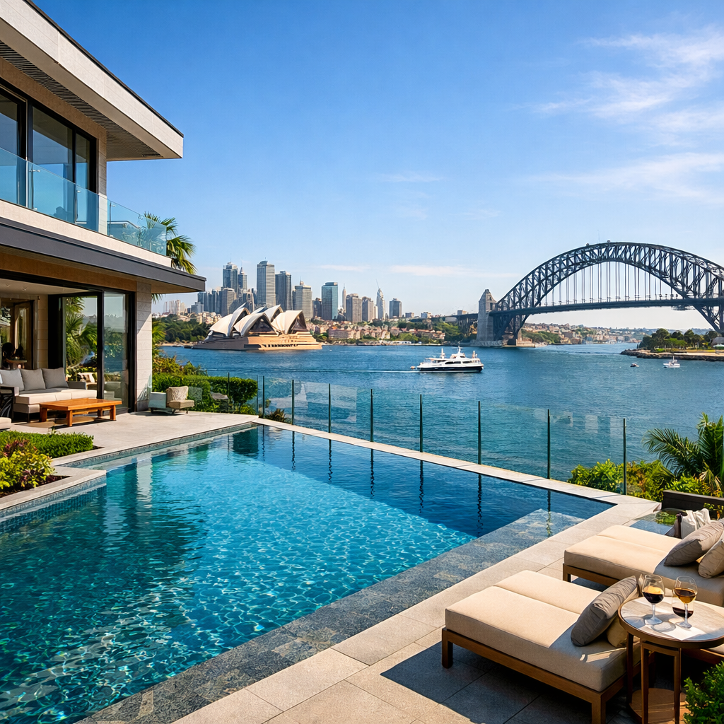 High-quality, sophisticated image depicting a luxury Sydney harbourfront home with expansive water views, modern architecture and premium finishes, representing Australian real estate insights.