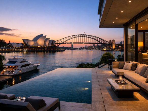 High-quality, sophisticated image depicting a luxury Sydney harbourfront property at sunset, showcasing premium real estate and market stability. Rodney Mcloughlin