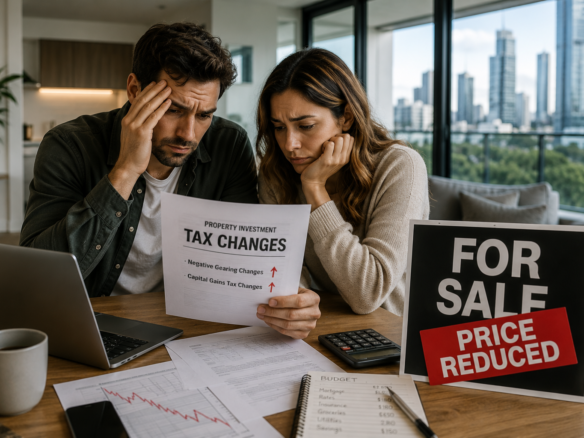 Rodney Mcloughlin. Akora Real Estate. Australian property market downturn, featuring luxury Sydney apartments and homes with subdued market sentiment, overcast skies, auction signs, and premium real estate visuals reflecting investor uncertainty after new tax reforms.