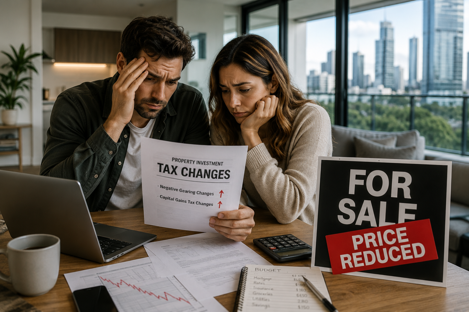 Rodney Mcloughlin. Akora Real Estate. Australian property market downturn, featuring luxury Sydney apartments and homes with subdued market sentiment, overcast skies, auction signs, and premium real estate visuals reflecting investor uncertainty after new tax reforms.