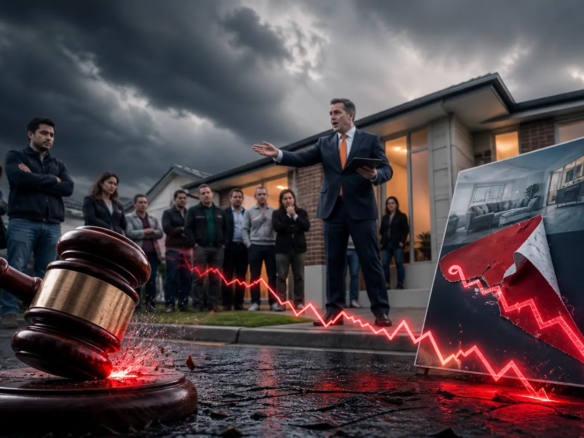 Luxury Sydney apartment auction with empty bidder seating overlooking Sydney Harbour, reflecting falling auction clearance rates and weaker buyer confidence in the Australian property market. Insights by Rodney McLoughlin.