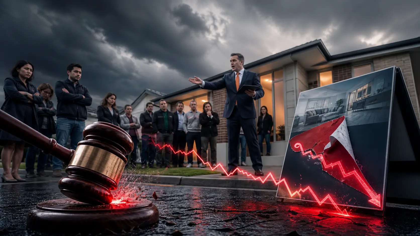 Luxury Sydney apartment auction with empty bidder seating overlooking Sydney Harbour, reflecting falling auction clearance rates and weaker buyer confidence in the Australian property market. Insights by Rodney McLoughlin.