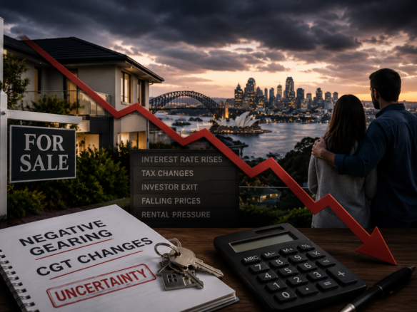 Sydney waterfront property overlooking Sydney Harbour, representing investor uncertainty, housing affordability challenges and changing Australian property market conditions. rodney mcloughlin