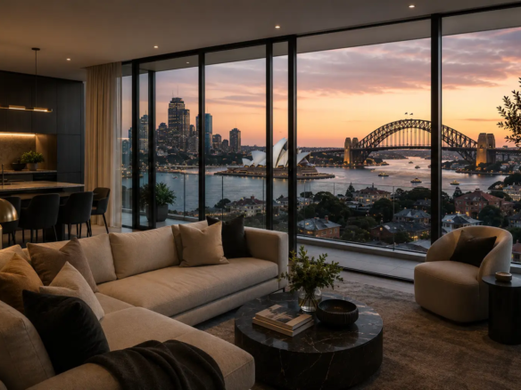 Luxury Sydney apartment overlooking Sydney Harbour during a subdued property market, reflecting Australia's housing downturn and market uncertainty. Image created for Rodney McLoughlin's Australian real estate newsletter.