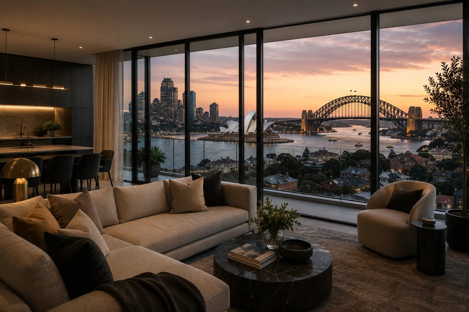 Luxury Sydney apartment overlooking Sydney Harbour during a subdued property market, reflecting Australia's housing downturn and market uncertainty. Image created for Rodney McLoughlin's Australian real estate newsletter.