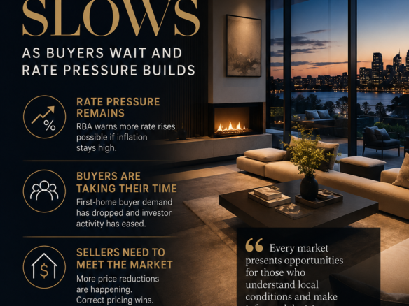 Property Market Slows as Buyers Wait and Rate Pressure Builds – Luxury Australian home with a premium real estate backdrop highlighting rising interest rate pressure, cautious buyers, price reductions and changing market conditions. Weekly Australian property market update and insights by Rodney McLoughlin.