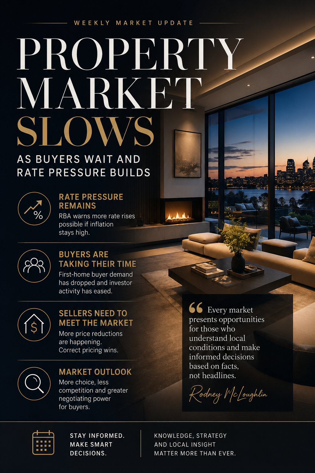 Property Market Slows as Buyers Wait and Rate Pressure Builds – Luxury Australian home with a premium real estate backdrop highlighting rising interest rate pressure, cautious buyers, price reductions and changing market conditions. Weekly Australian property market update and insights by Rodney McLoughlin.