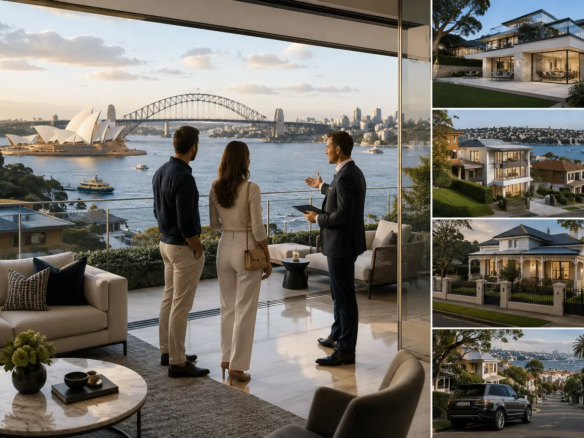 luxury Sydney harbourfront residence overlooking the water, representing premium Australian real estate during changing market conditions. rodney mcloughlin akora real estate