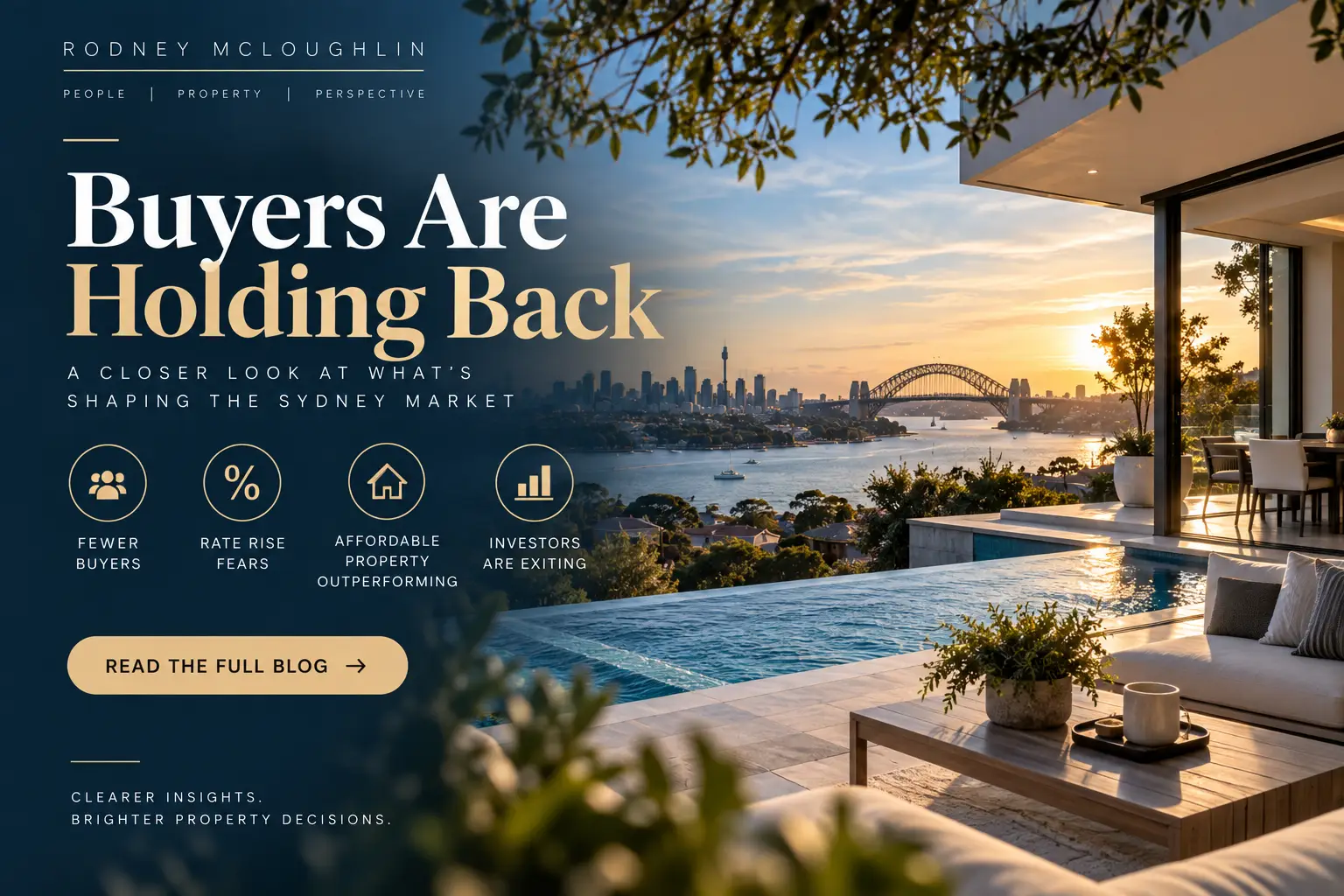 Luxury Sydney property overlooking the harbour, illustrating changing buyer demand, interest rate concerns and property market trends, with insights from Rodney McLoughlin. akora real estate