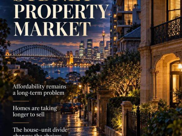 Sydney property market topics over a twilight view of a Sydney residential street, apartment buildings and the Harbour Bridge. rodney mcloughlin. akora real estate
